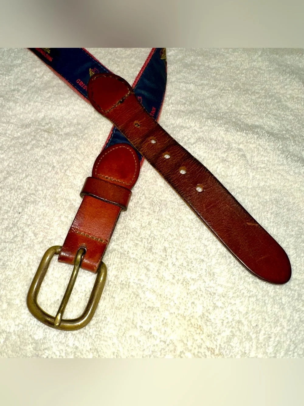 Vintage Griswold Inn Ribbon Leather Belt Solid Brass Buckle USA Sz 42